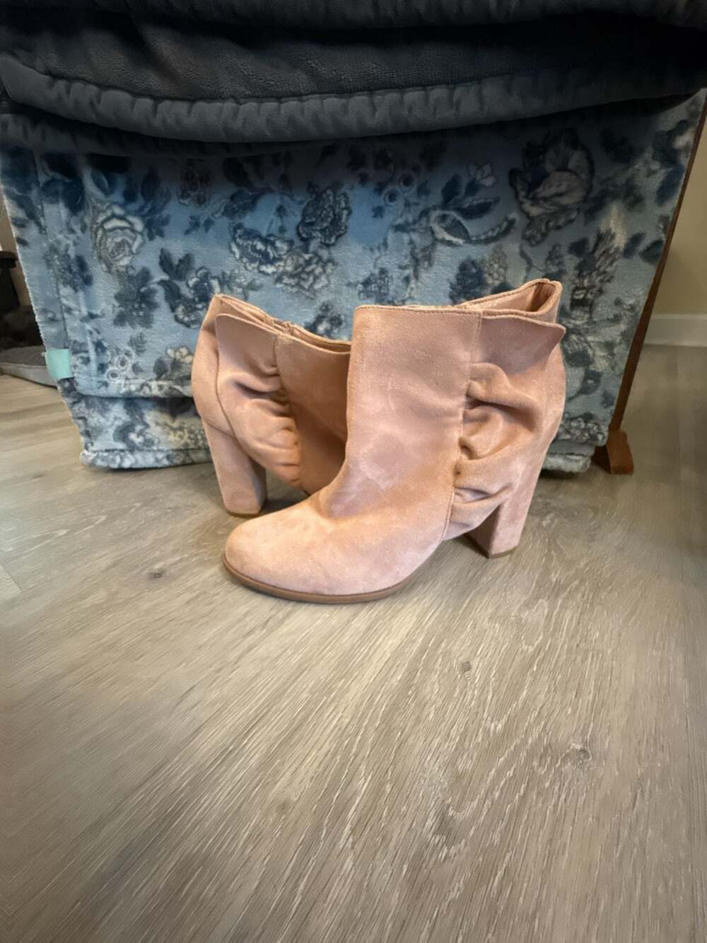 Women's Blush Suede Ruffle Block Heel Ankle Boots